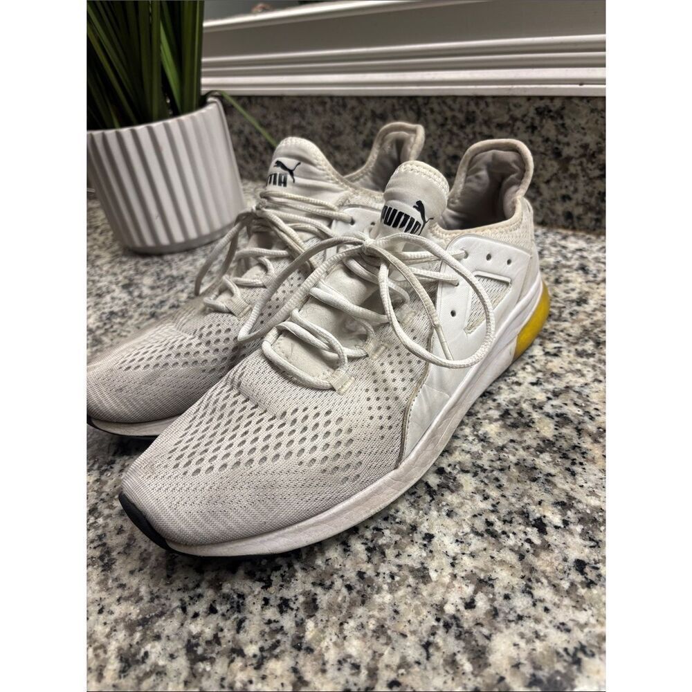 Puma Men’s Off-White Knit Sneakers with Yellow Heel Accent